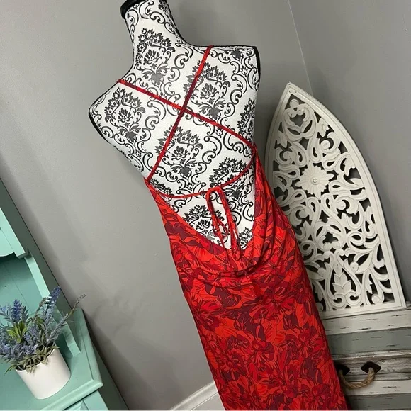 Lulu’s Sunset The Mood Red Floral Lace Up Maxi Dress Size Medium NWOT Wedding - Picture 10 of 15